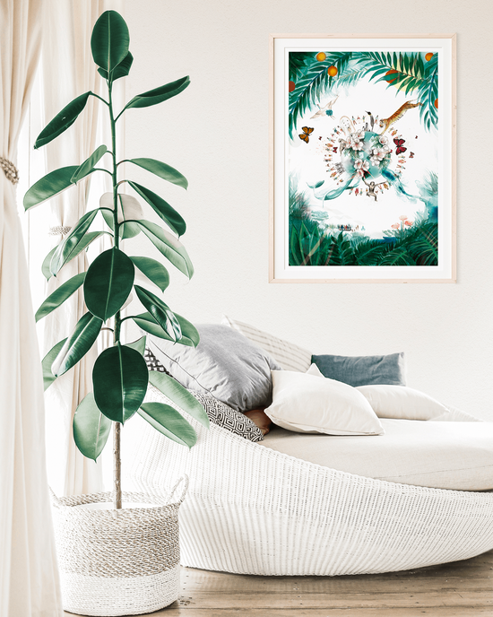 World in Bloom limited edition print framed on wall, adding harmony and natural beauty to living room decor.